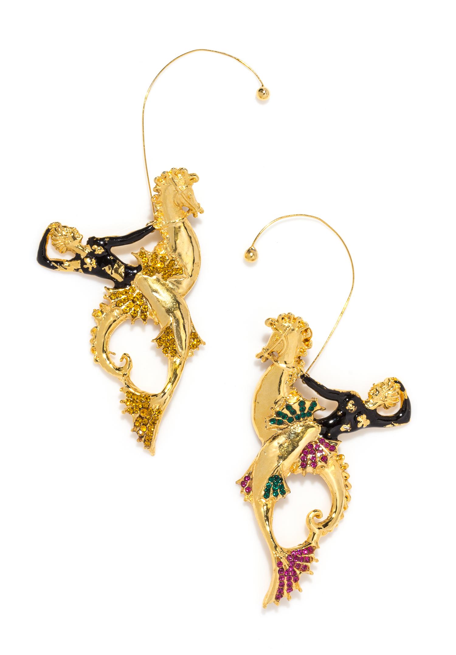 A Pair of Gianni Versace Runway Lady on a Seahorse Earclips, 4" x 2.5".