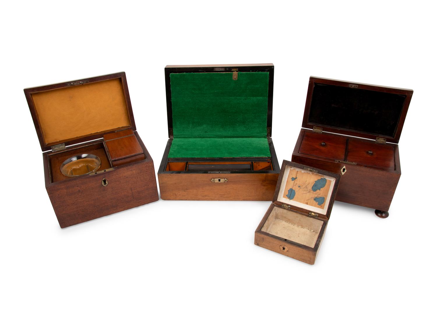 A Group of Three Tea Caddies and a Lap Desk