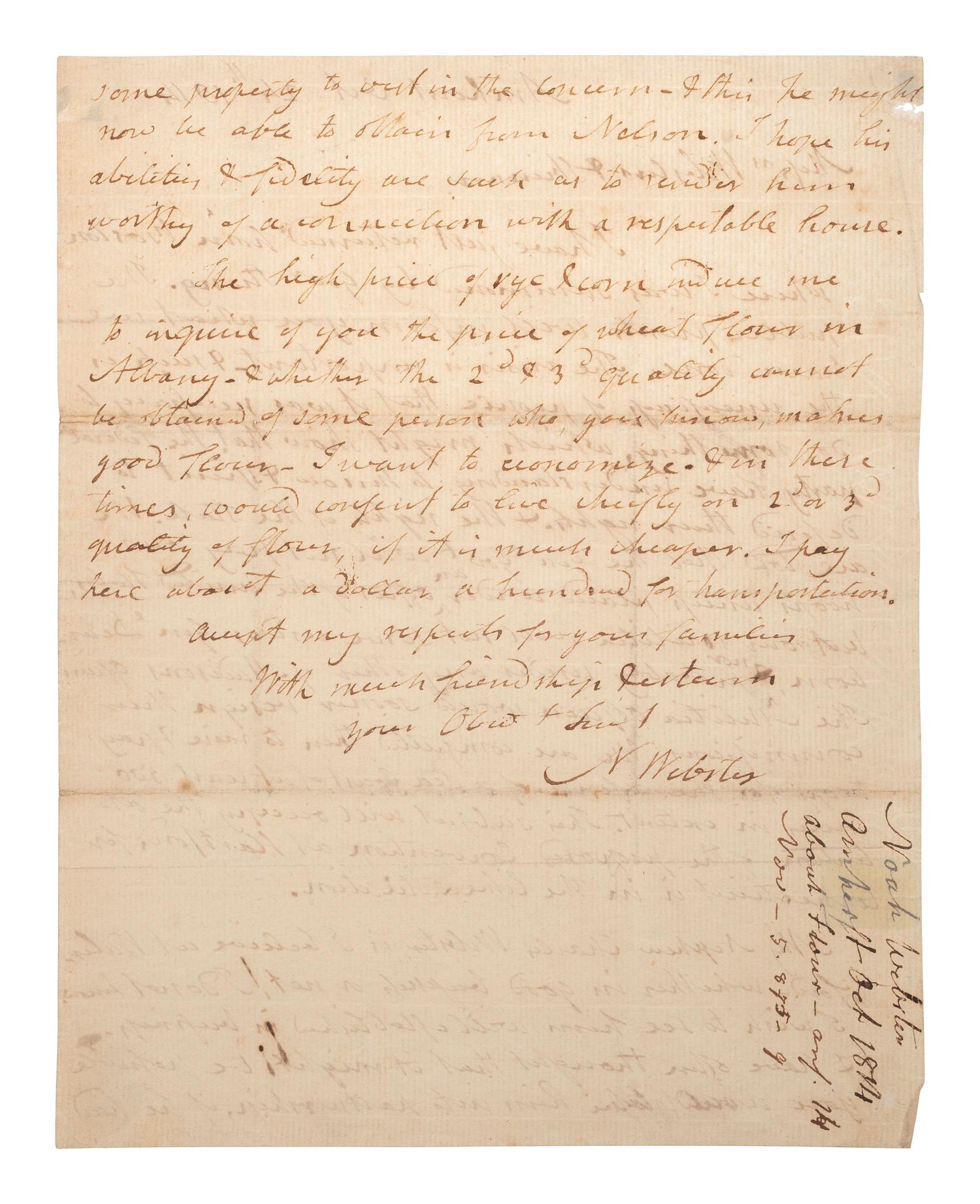 WEBSTER, Noah (1758-1843). Autograph letter signed ("N Webster"). Amherst, 24 October 1814.