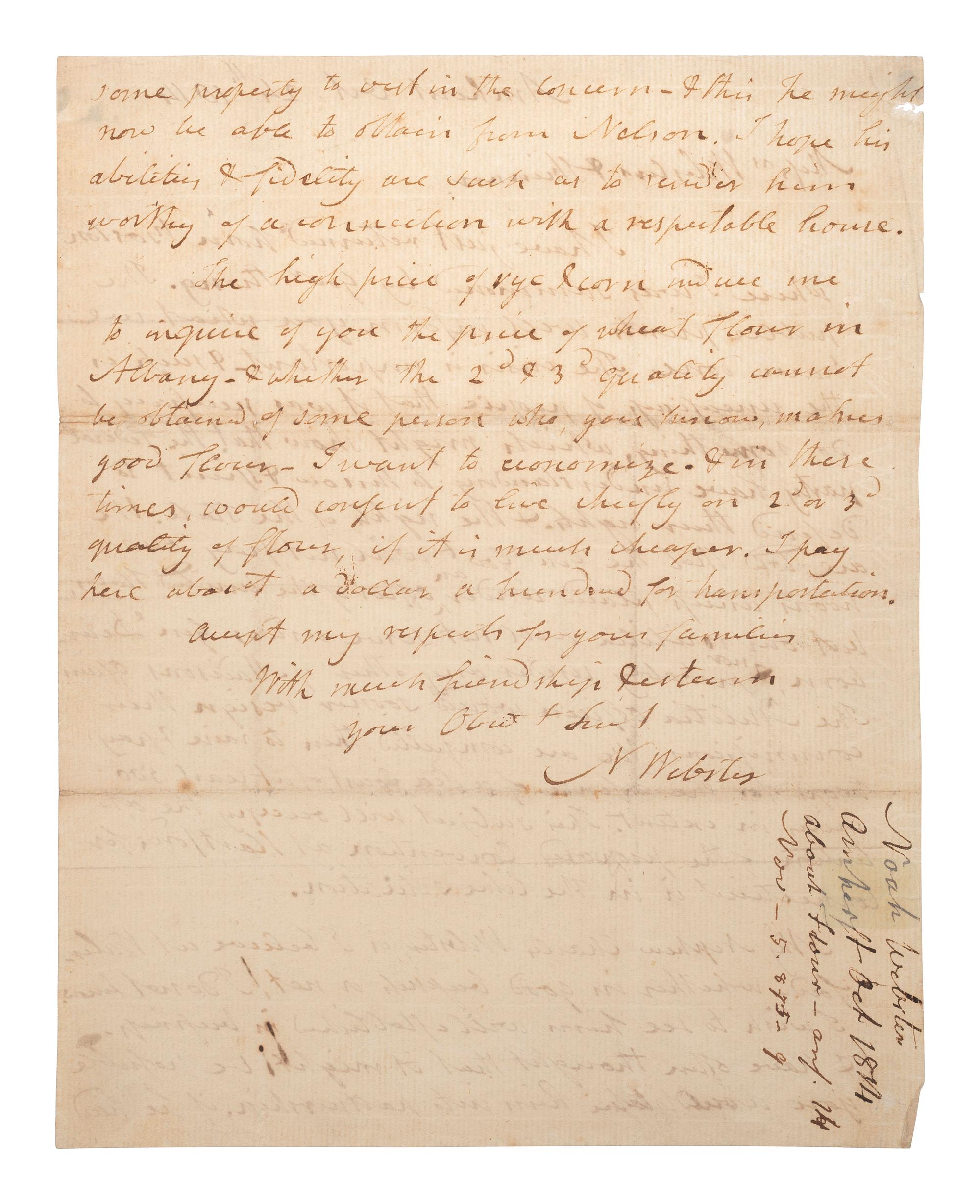 WEBSTER, Noah (1758-1843). Autograph letter signed ("N Webster"). Amherst, 24 October 1814.