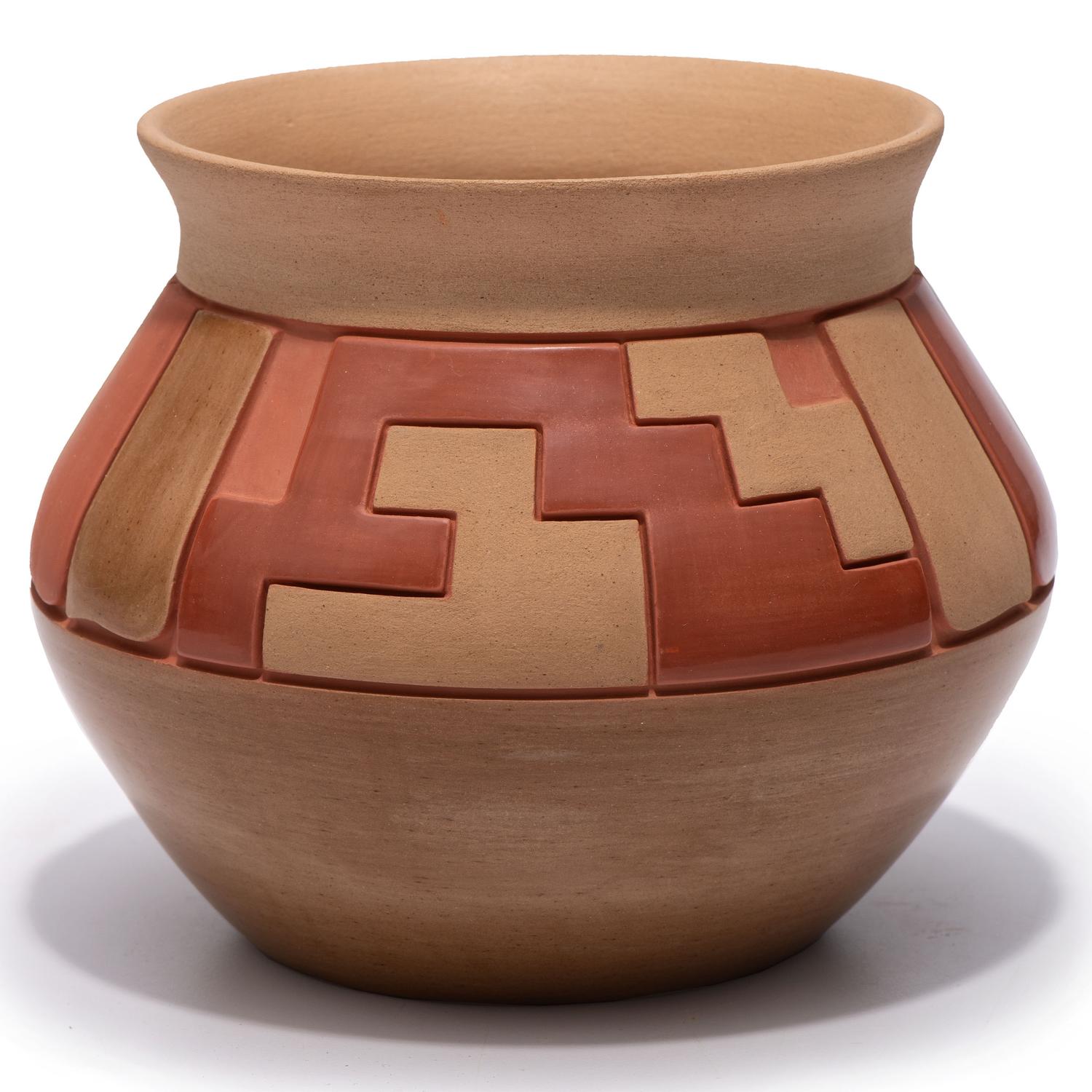 Carved Red and Tan Pottery Jar