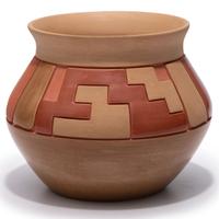 Carved Red and Tan Pottery Jar
