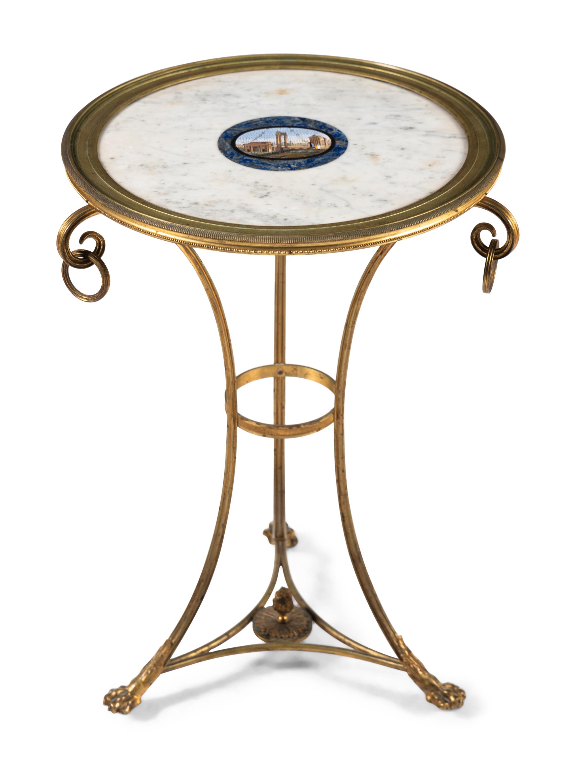 A French Gilt Bronze and Italian Micromosaic-Inset White Marble Guéridon