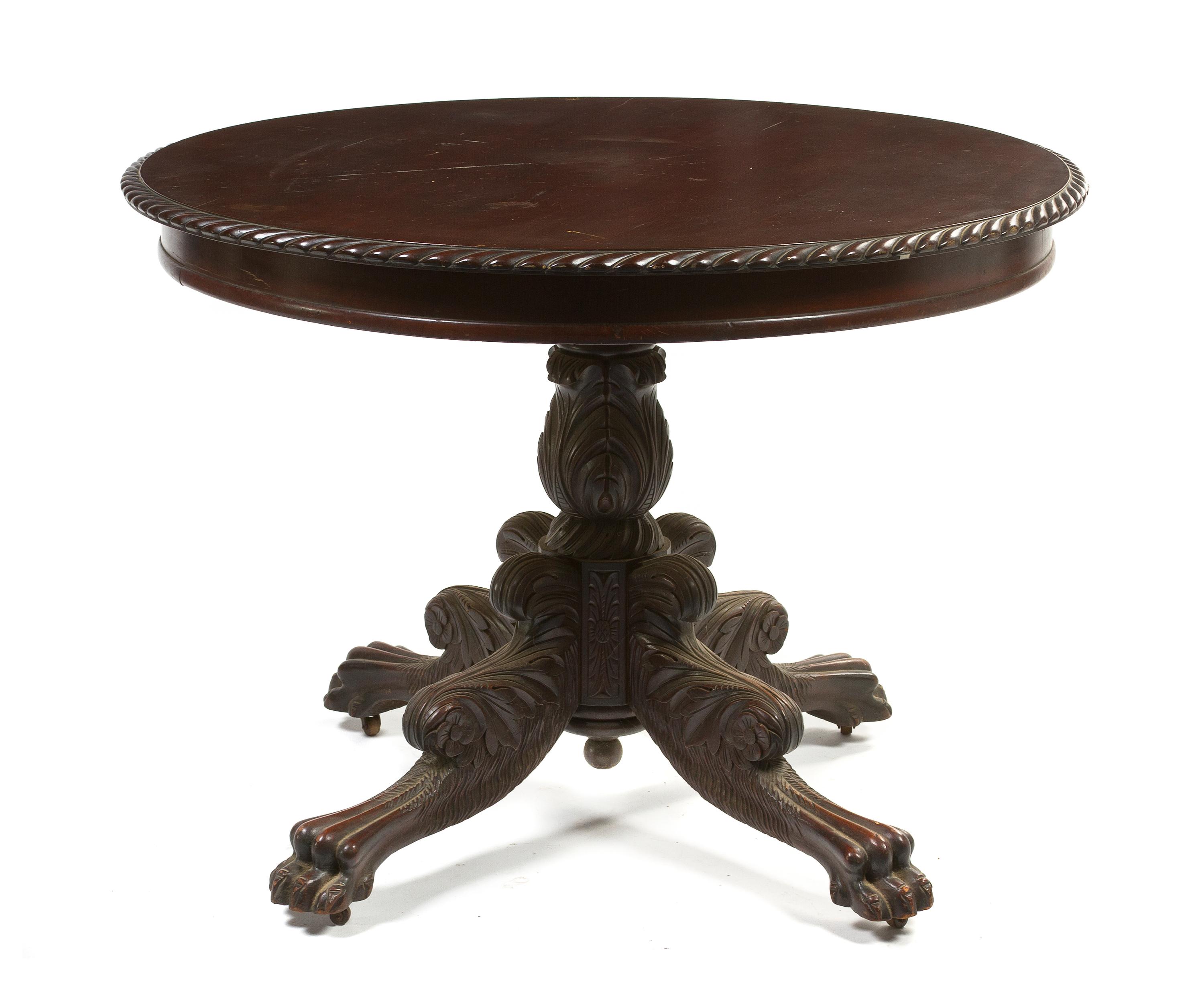 An American Classical Mahogany Center Table, Height 29 1/4 x diameter 40 inches.