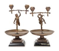 A Pair of French Cast Metal Figural Two-Light Candelabra