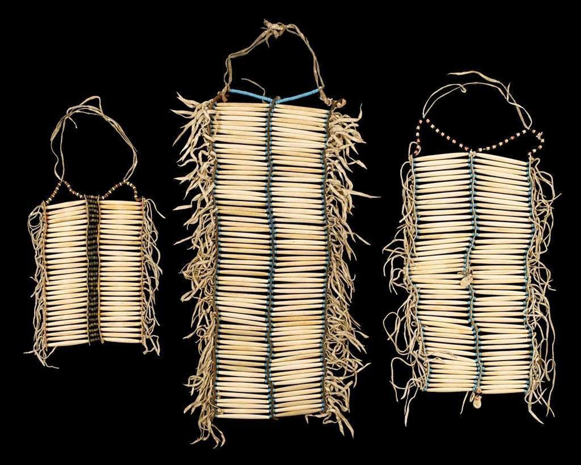 Three Lakota hair pipe bone, bead and hide breastplates fort yates, north dakota, circa 1950