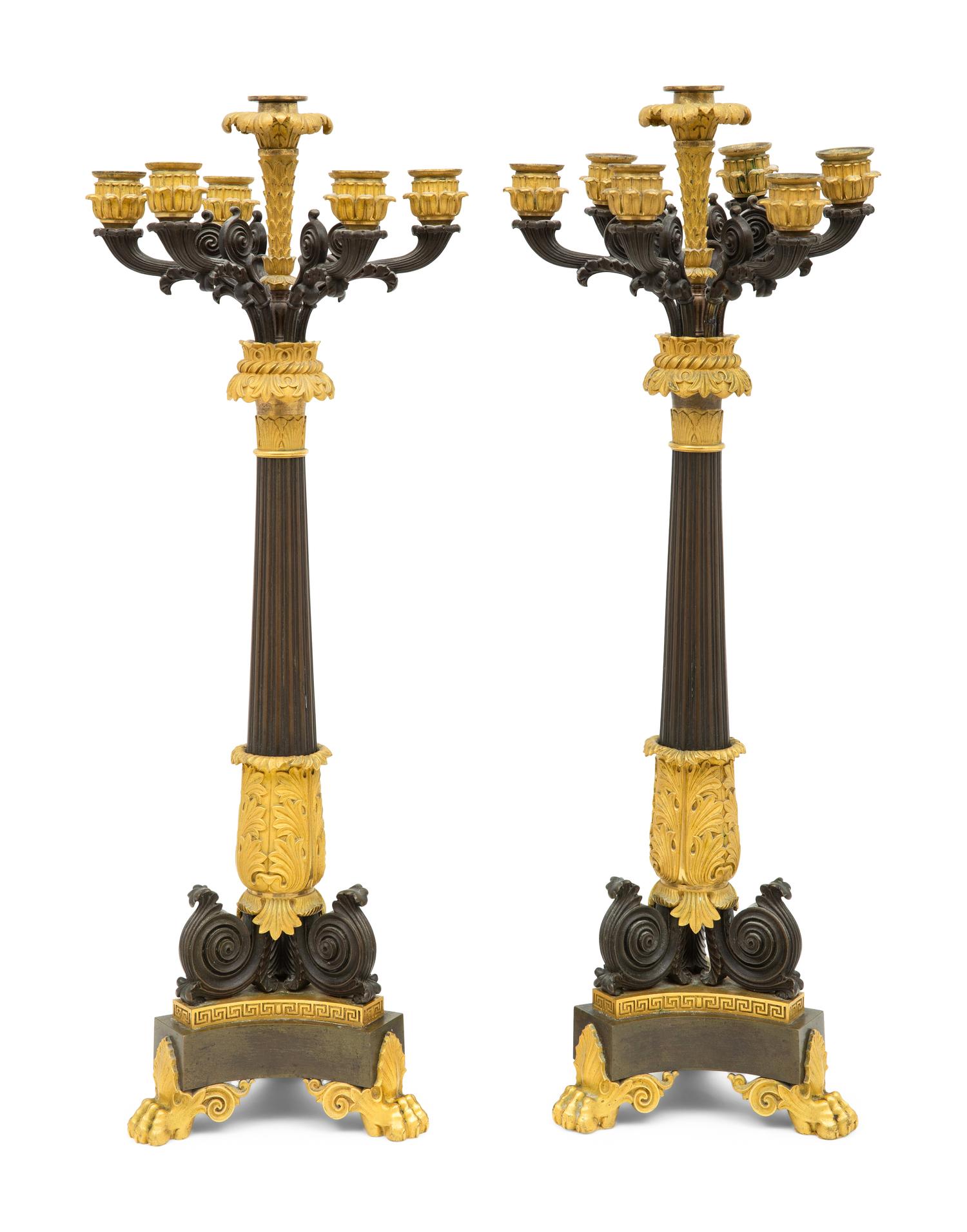 A Pair of Charles X Gilt and Patinated Bronze Seven-Light Candelabra