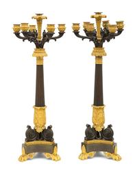 A Pair of Charles X Gilt and Patinated Bronze Seven-Light Candelabra