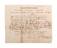 [SLAVERY & ABOLITION]. Partially printed writ of detention related to the surrender of two enslaved girls named "Lucy" and "Nancy." Orange County, NC, 1822.