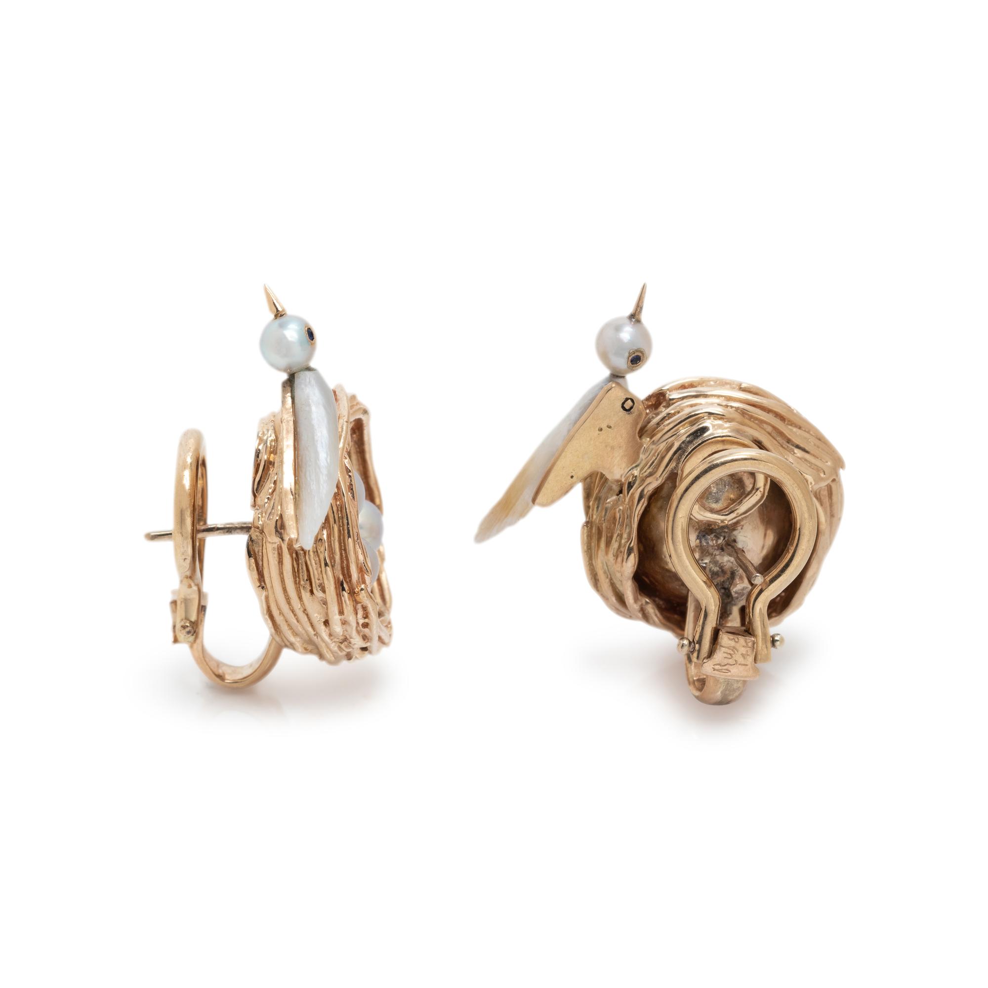RUSER, YELLOW GOLD AND CULTURED PEARL BIRD IN NEST EARCLIPS
