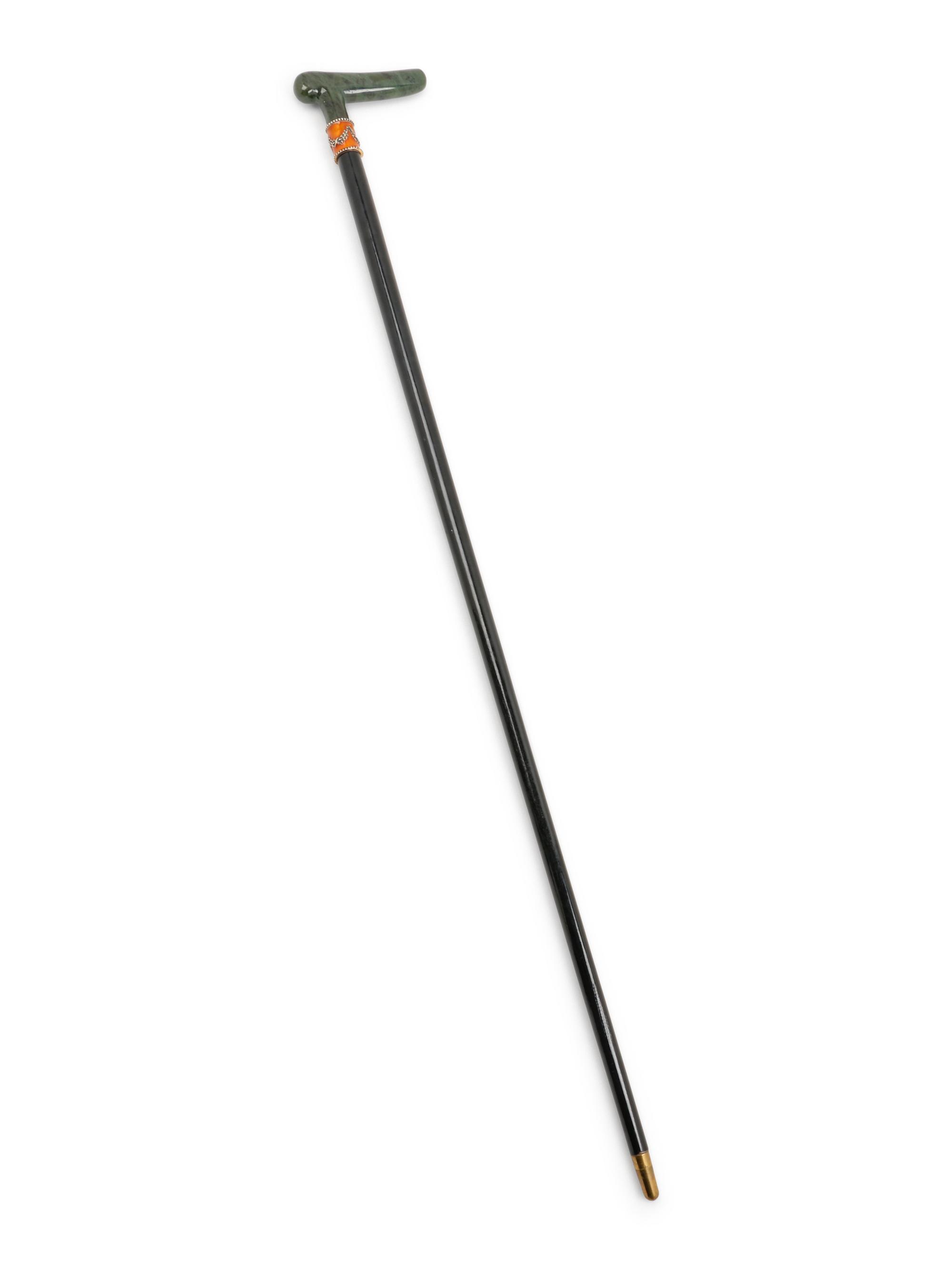An Enamel and Nephrite-Handled Ebonized Walking Stick