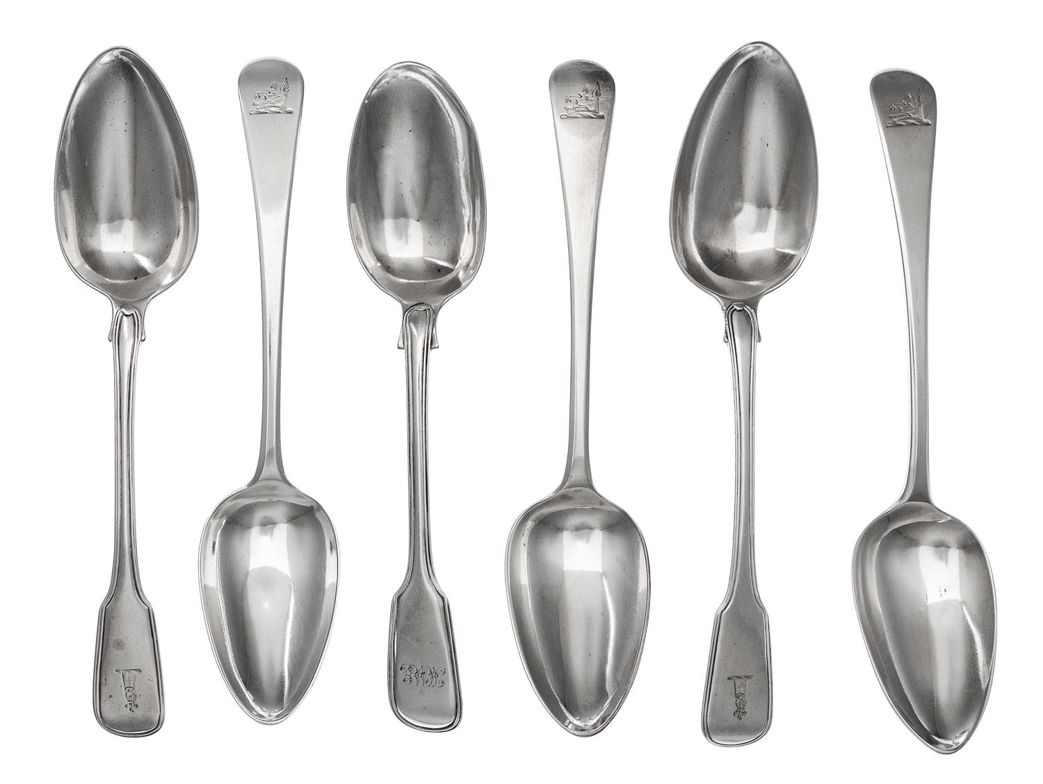A Group of Twelve George III Silver Serving Spoons, Various makers, comprising a set of six marked for William Ely & William Fearn, Lon