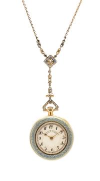 An 18 Karat Yellow Gold, Diamond, Sapphire and Polychrome Enamel Open Face Pendant Watch Necklace, Vacheron Constantin, 20.10 dwts.