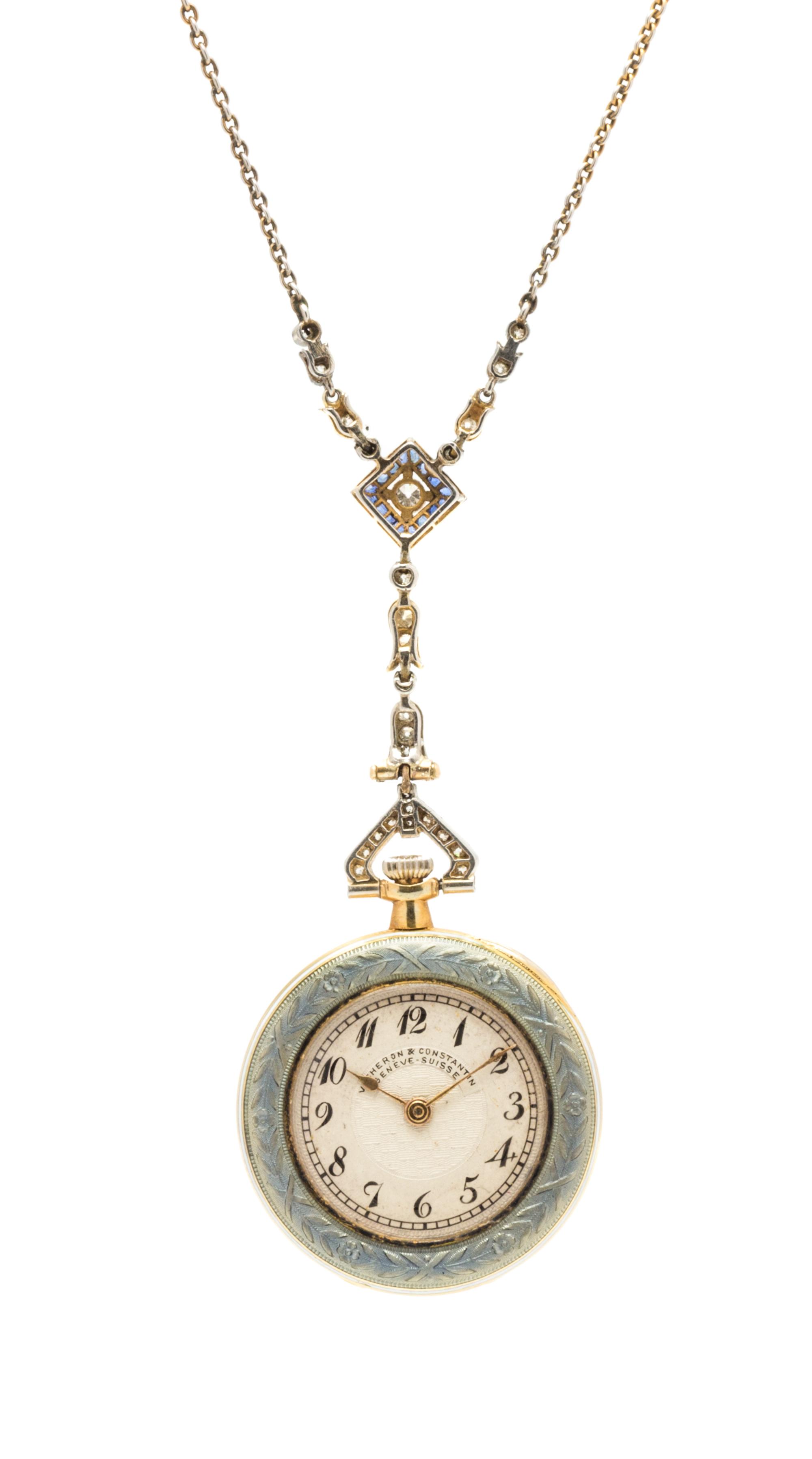 An 18 Karat Yellow Gold, Diamond, Sapphire and Polychrome Enamel Open Face Pendant Watch Necklace, Vacheron Constantin, 20.10 dwts.