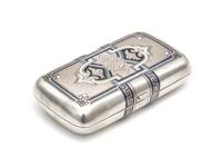 A Russian Silver and Enameled Cigarette Case, Alexei Baranov, Moscow, Early 20th Century, the case with floral decoration on an engine