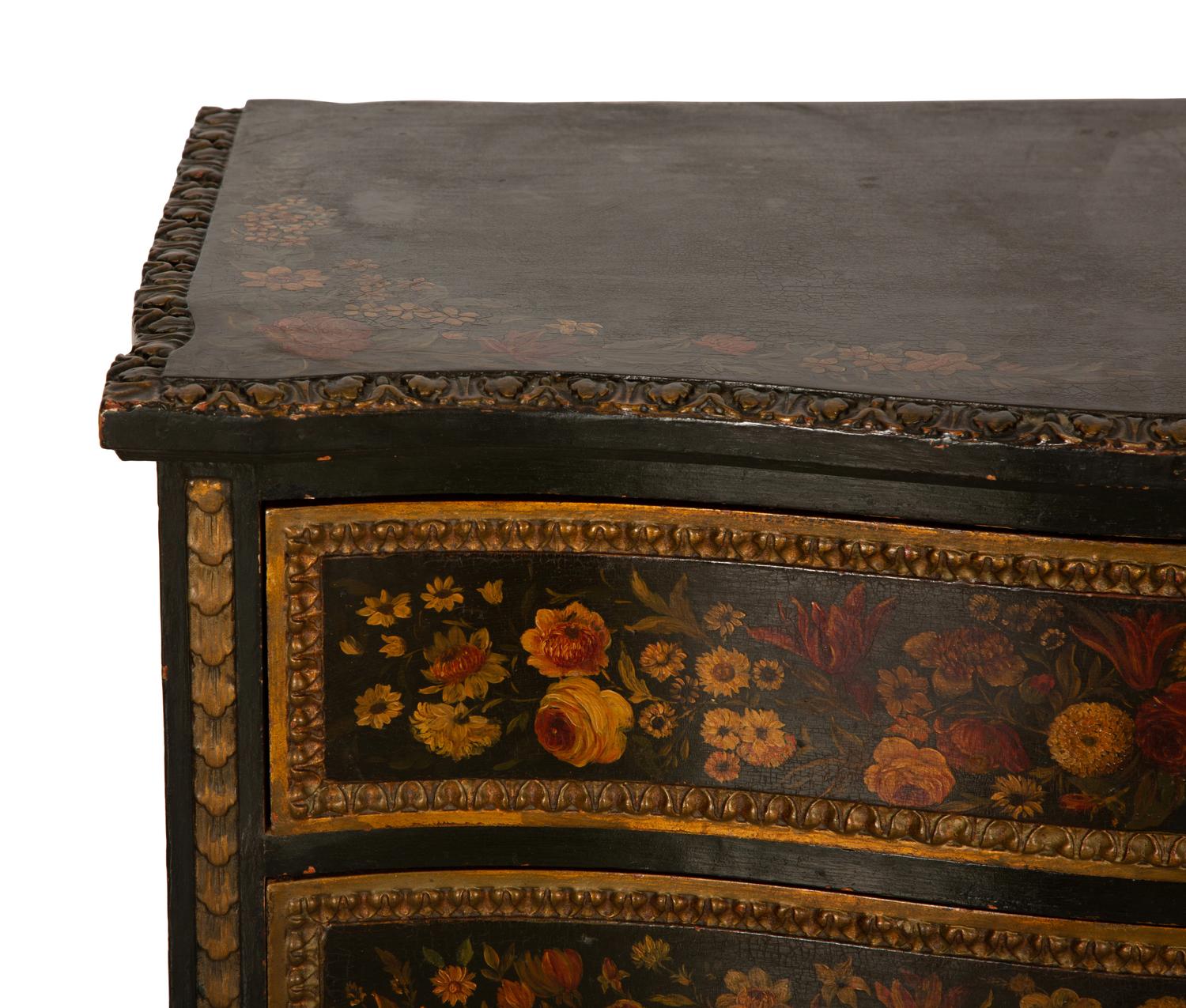 A Continental Louis XVI Style Floral Painted Commode