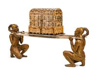 A 'Jeweled' Bone Casket on a Palanquin Supported by Gilt-Bronze Mongolian Attendants