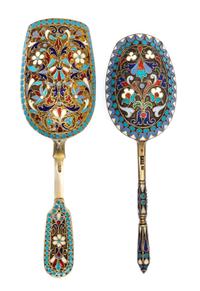 Two Russian Silver-Gilt and Enamel Tea Scoops, One with mark of Ivan Saltykov, Moscow, 19th century, each with polychrome enamels.