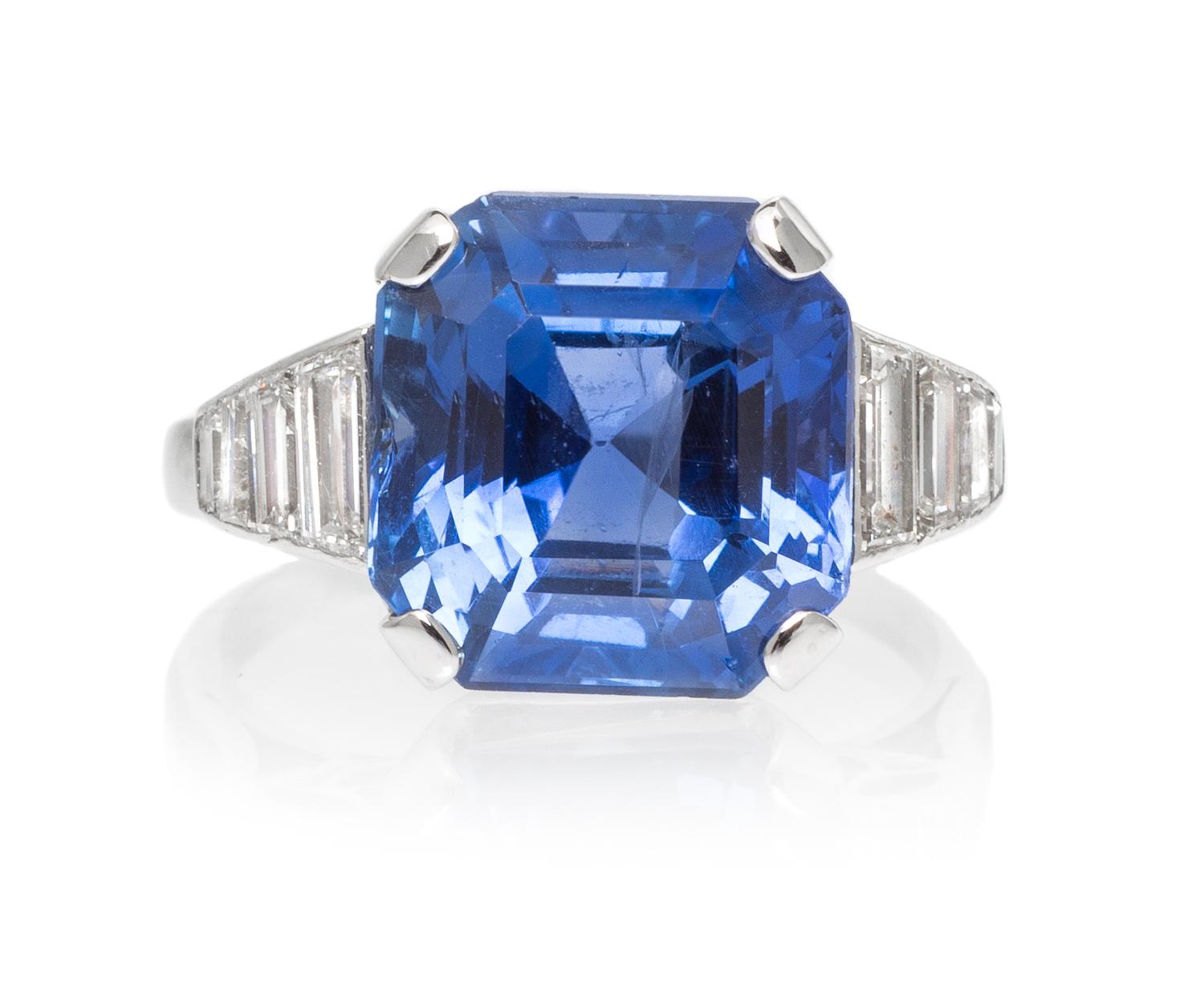 An Art Deco Platinum, Sapphire and Diamond Ring, French, 4.90 dwts.