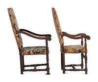 A Matched Pair of French Scroll-Carved and Turned Walnut Tapestry Upholstered Fauteuils