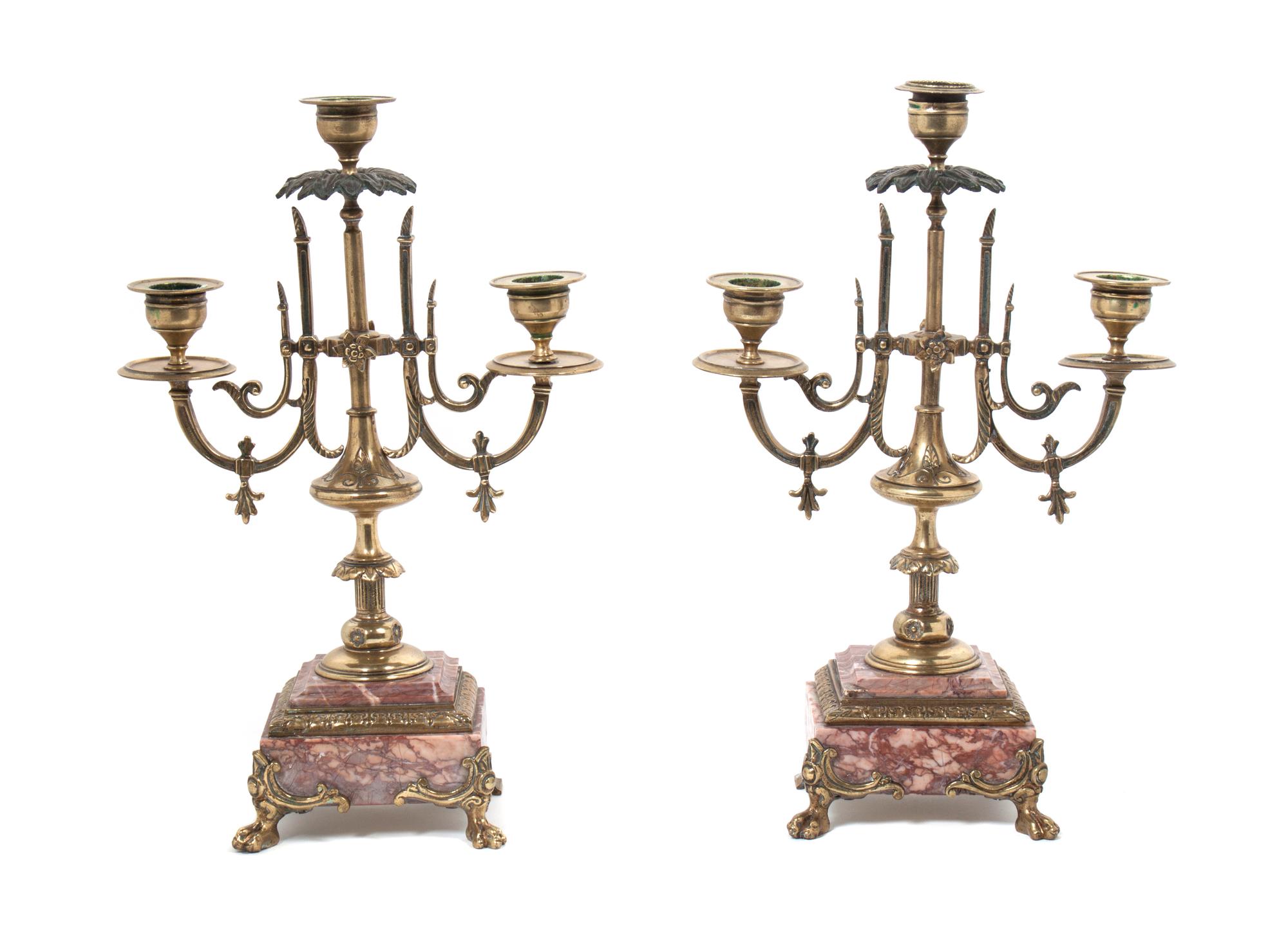 Two Neoclassical Style Gilt Metal Mounted Three-Light Candelabra Height 12 3/4 inches. — 20TH CENTURY