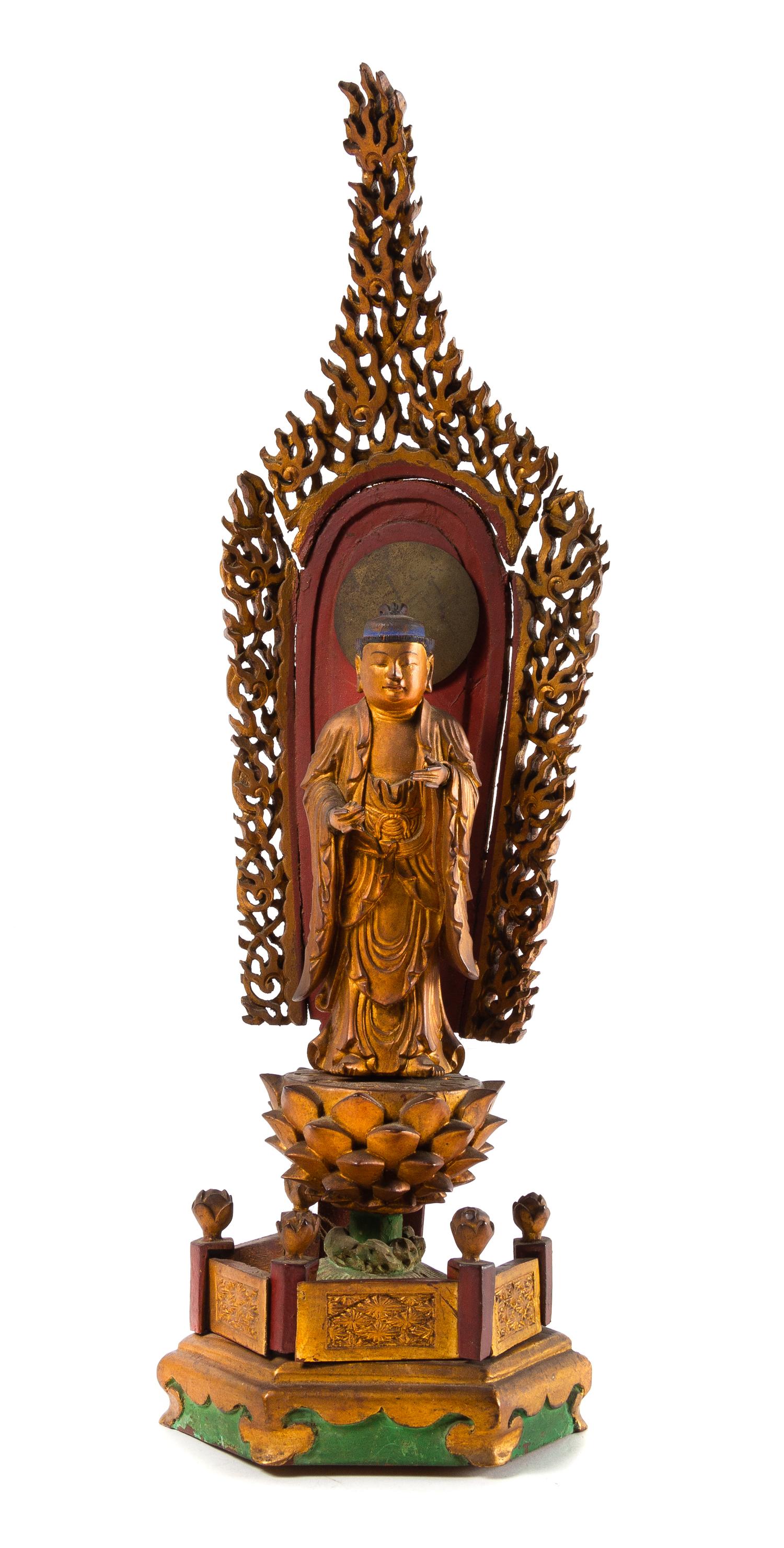 A Japanese Gilt and Red Lacquered Wood Figure of Buddha Height 20 inches. — 20TH CENTURY