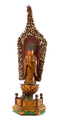 A Japanese Gilt and Red Lacquered Wood Figure of Buddha Height 20 inches. — 20TH CENTURY