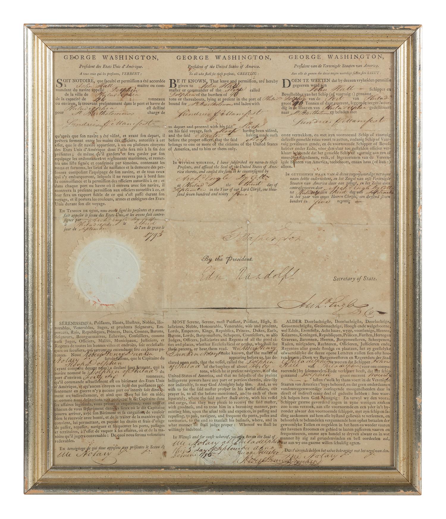 WASHINGTON, George (1732-1799). Partly printed document signed ("G:o Washington"), as President, countersigned by Edmund Randolph as Secretary of State, 3 September 1795.