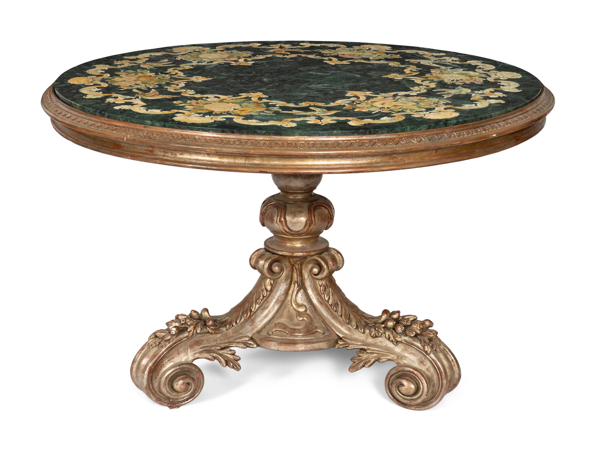 An Italian Silvered Wood Scagliola-Top Pedestal Table