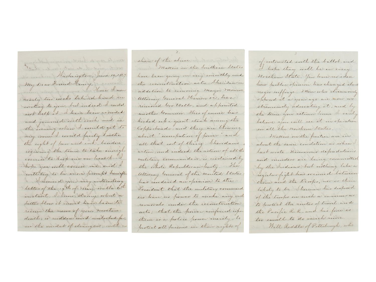 [RECONSTRUCTION -- AFRICAN AMERICAN SUFFRAGE]. Detailed letter regarding the John Surratt trial, Reconstruction politics, and the African American vote in action. Washington, 19 June 1867.
