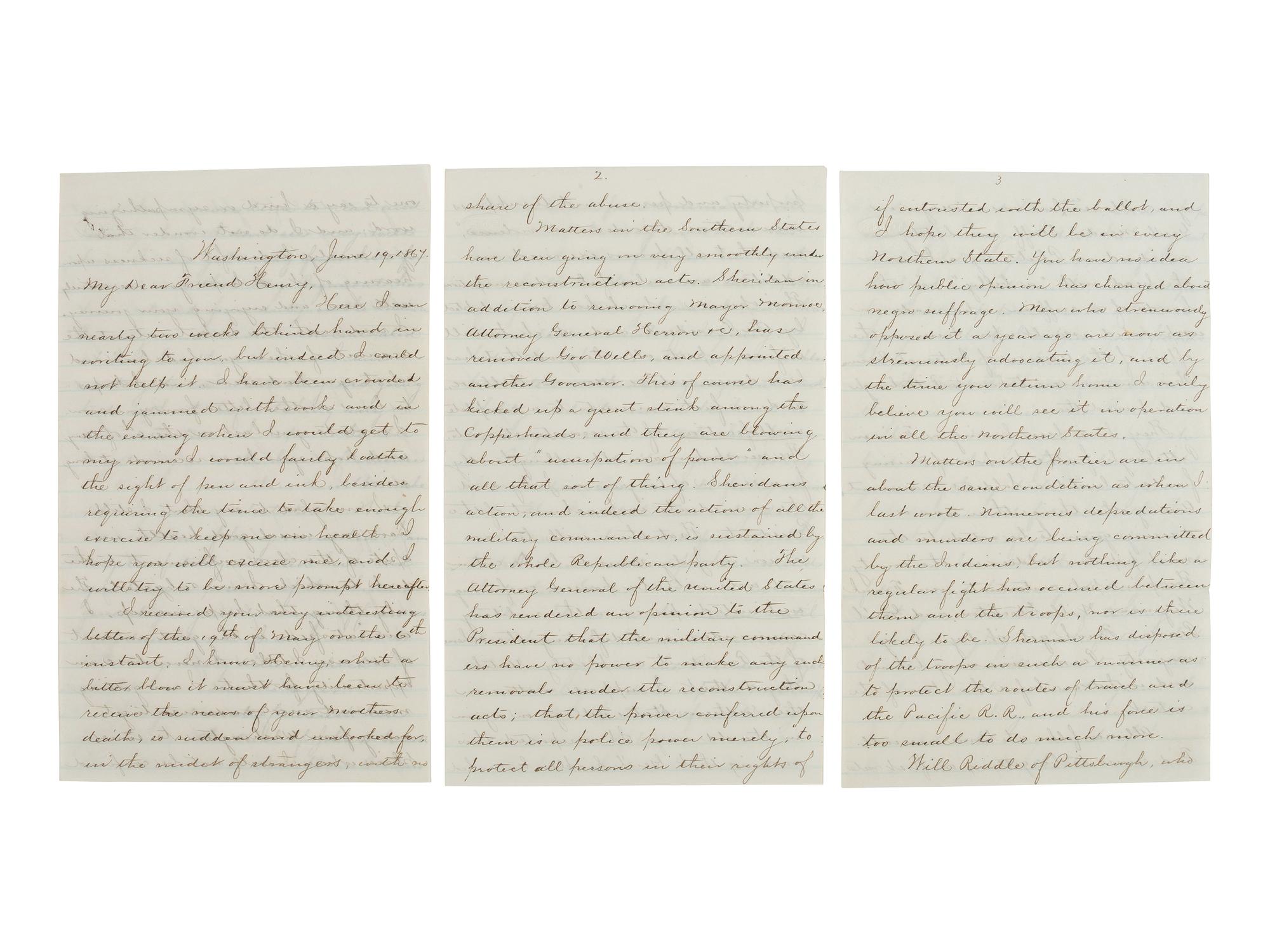 [RECONSTRUCTION -- AFRICAN AMERICAN SUFFRAGE]. Detailed letter regarding the John Surratt trial, Reconstruction politics, and the African American vote in action. Washington, 19 June 1867.