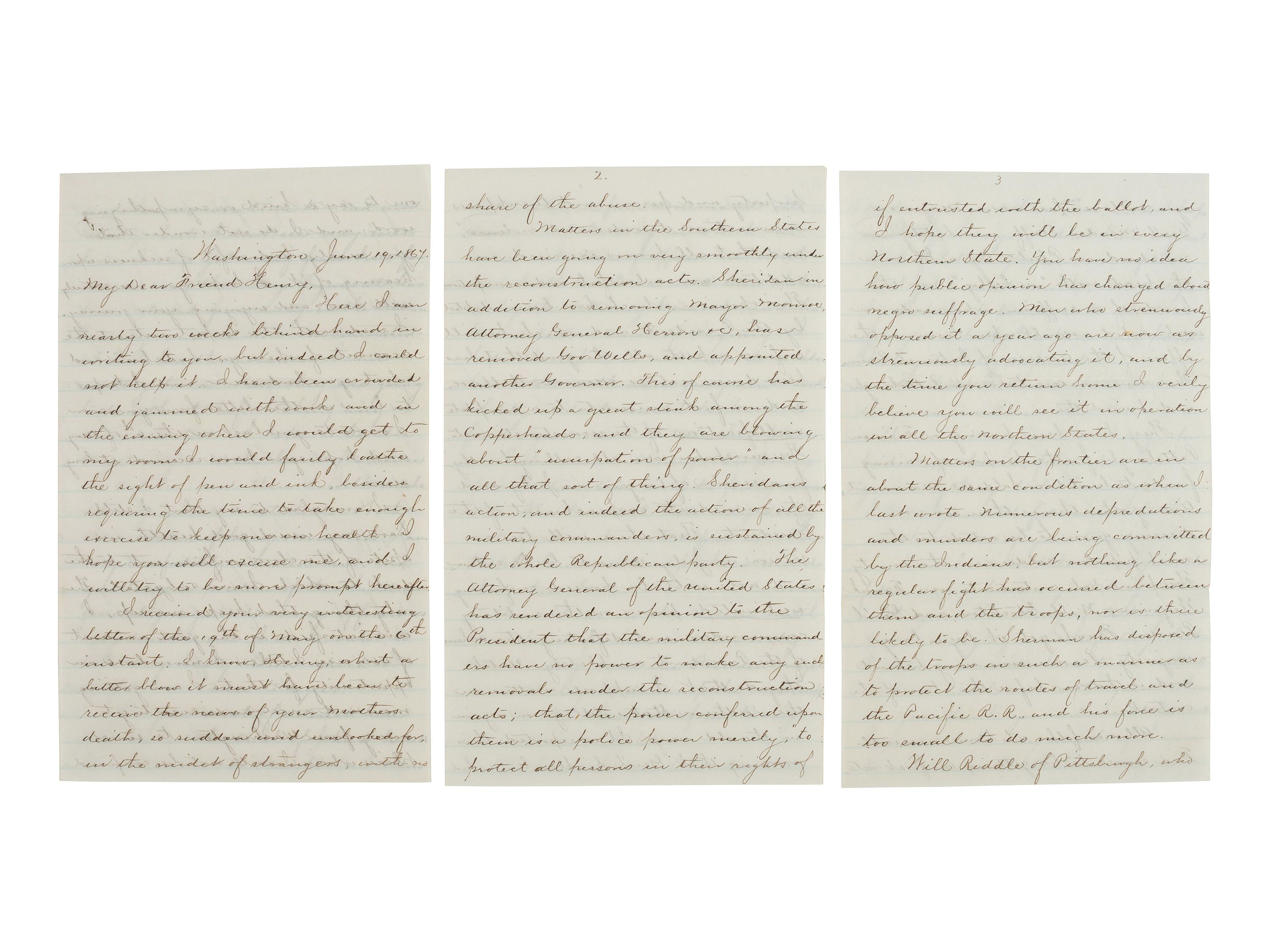 [RECONSTRUCTION -- AFRICAN AMERICAN SUFFRAGE]. Detailed letter regarding the John Surratt trial, Reconstruction politics, and the African American vote in action. Washington, 19 June 1867.
