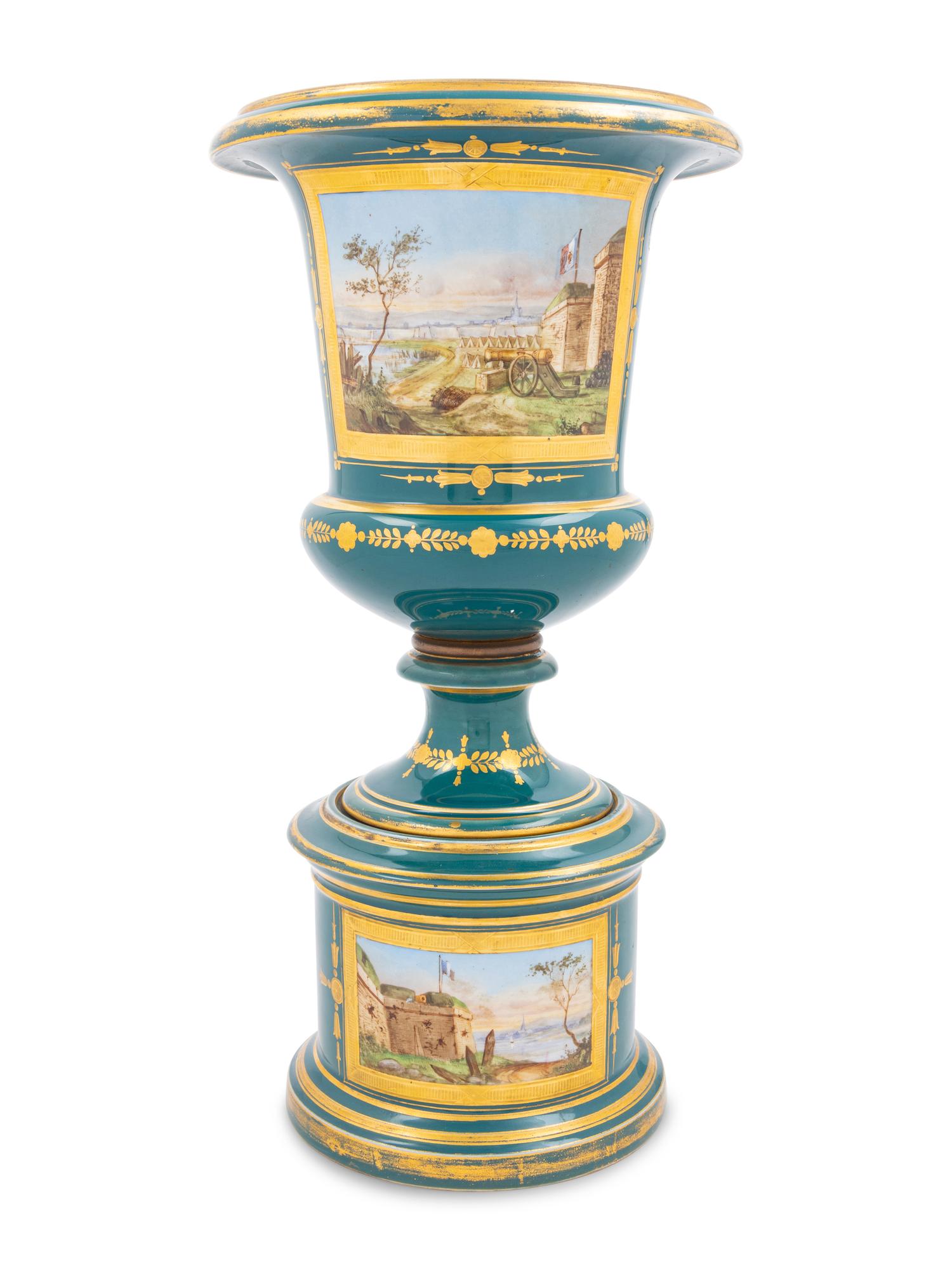 A Sèvres Style Porcelain Napoleonic Vase and Stand