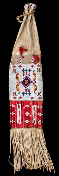 A Sioux Hide, Beaded and Quillwork Tobacco Bag Length overall 32 1/2 inches.