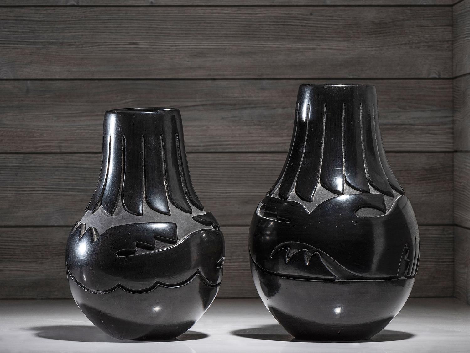 Pair of Carved Blackware Pottery Vases