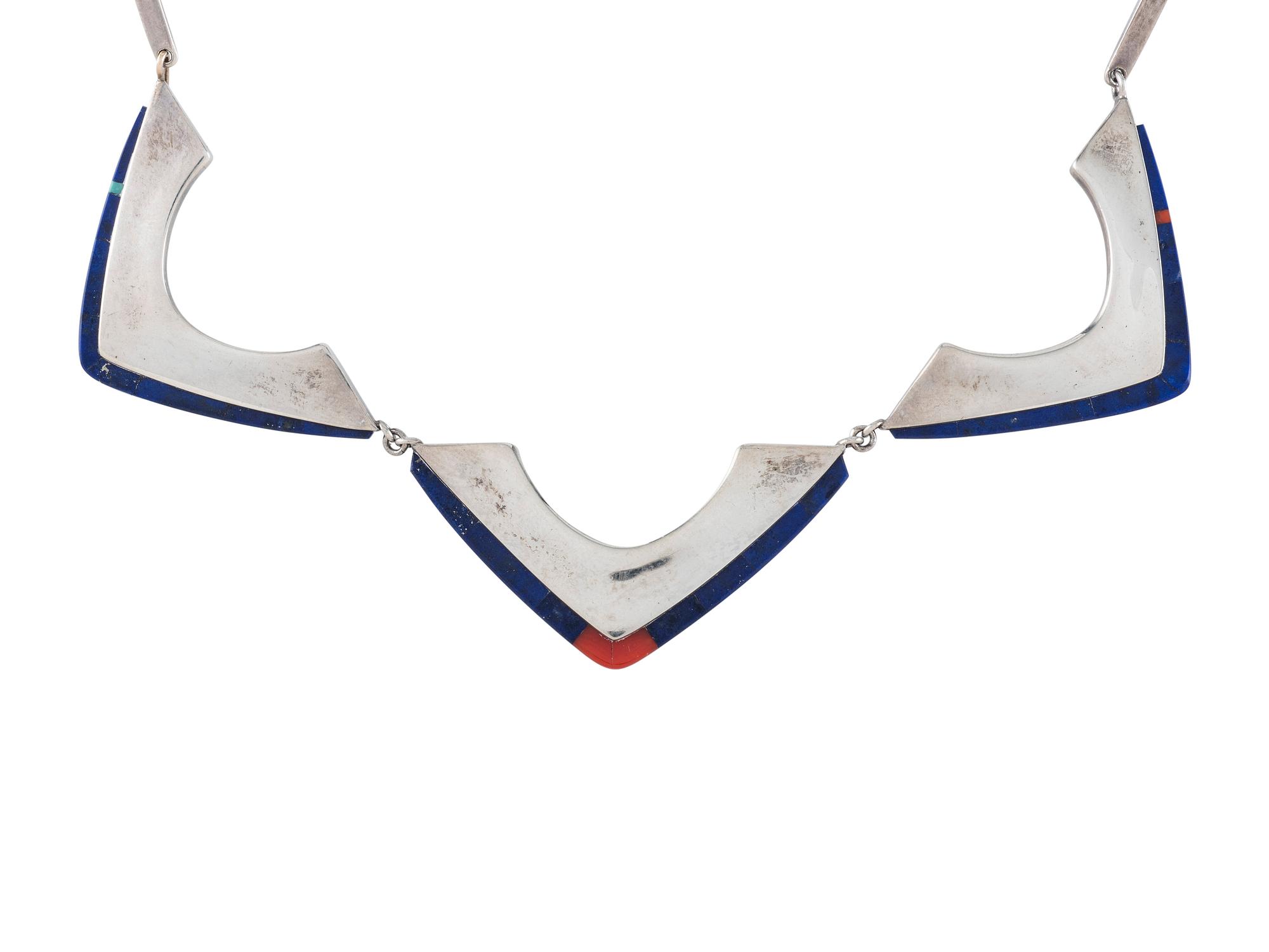 Sterling Silver Choker and Post Earrings, with Coral and Lapis Inlay