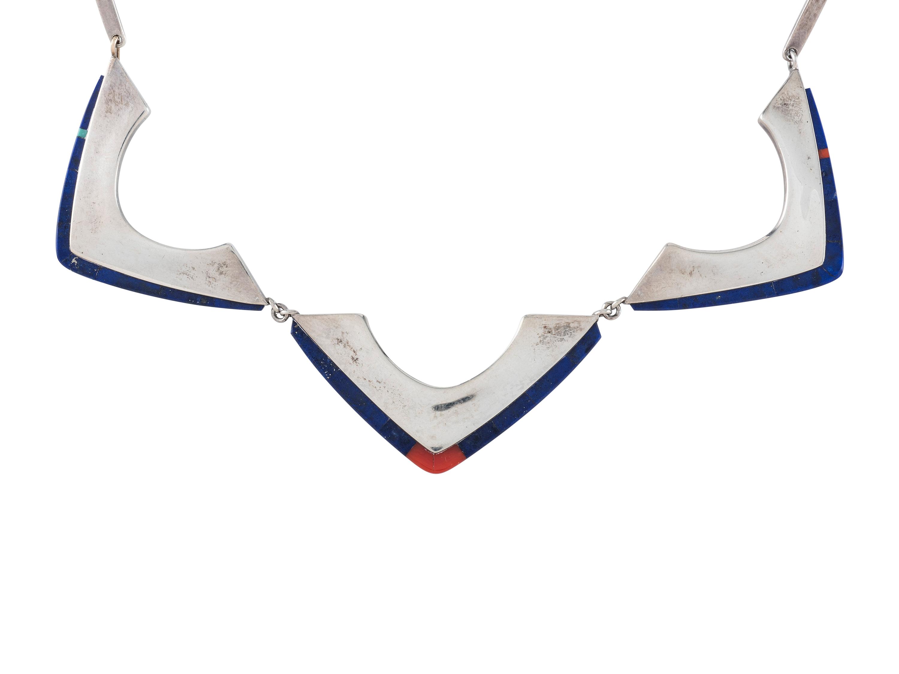 Sterling Silver Choker and Post Earrings, with Coral and Lapis Inlay