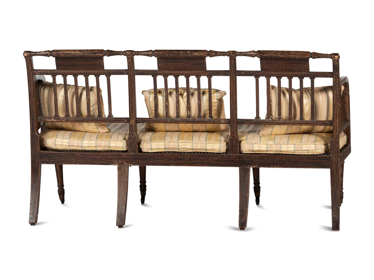 A Regency Grain and Figural Painted Cane-Upholstered Settee