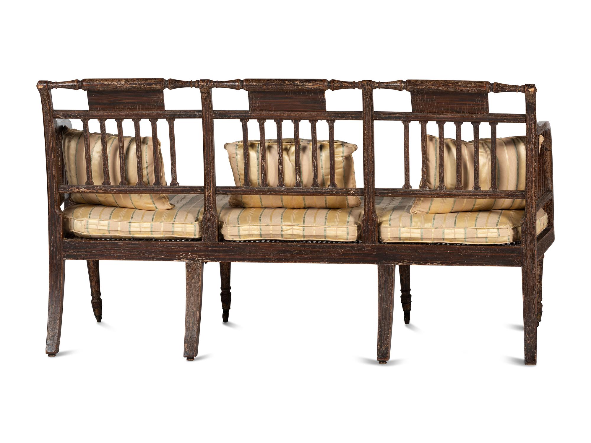 A Regency Grain and Figural Painted Cane-Upholstered Settee