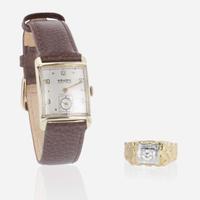 A Men's Gold and Diamond Ring and Gruen Veri-Thin Precision Watch