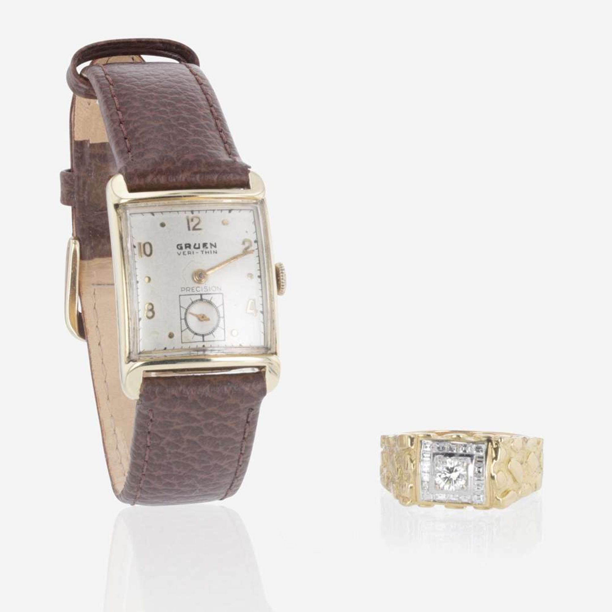 A Men's Gold and Diamond Ring and Gruen Veri-Thin Precision Watch