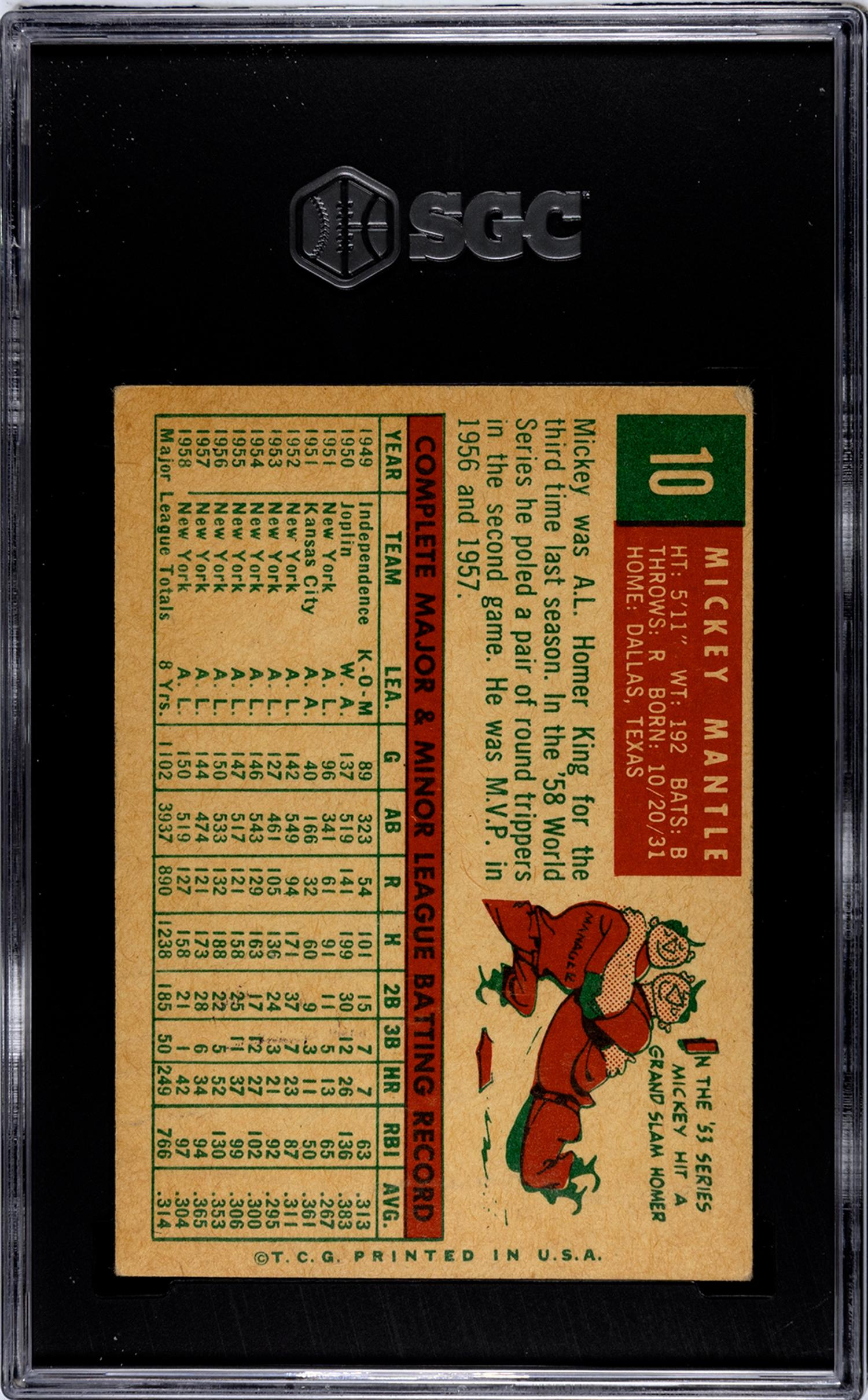 A 1959 Topps Mickey Mantle Baseball Card No. 10 (SGC 4 VG-EX)