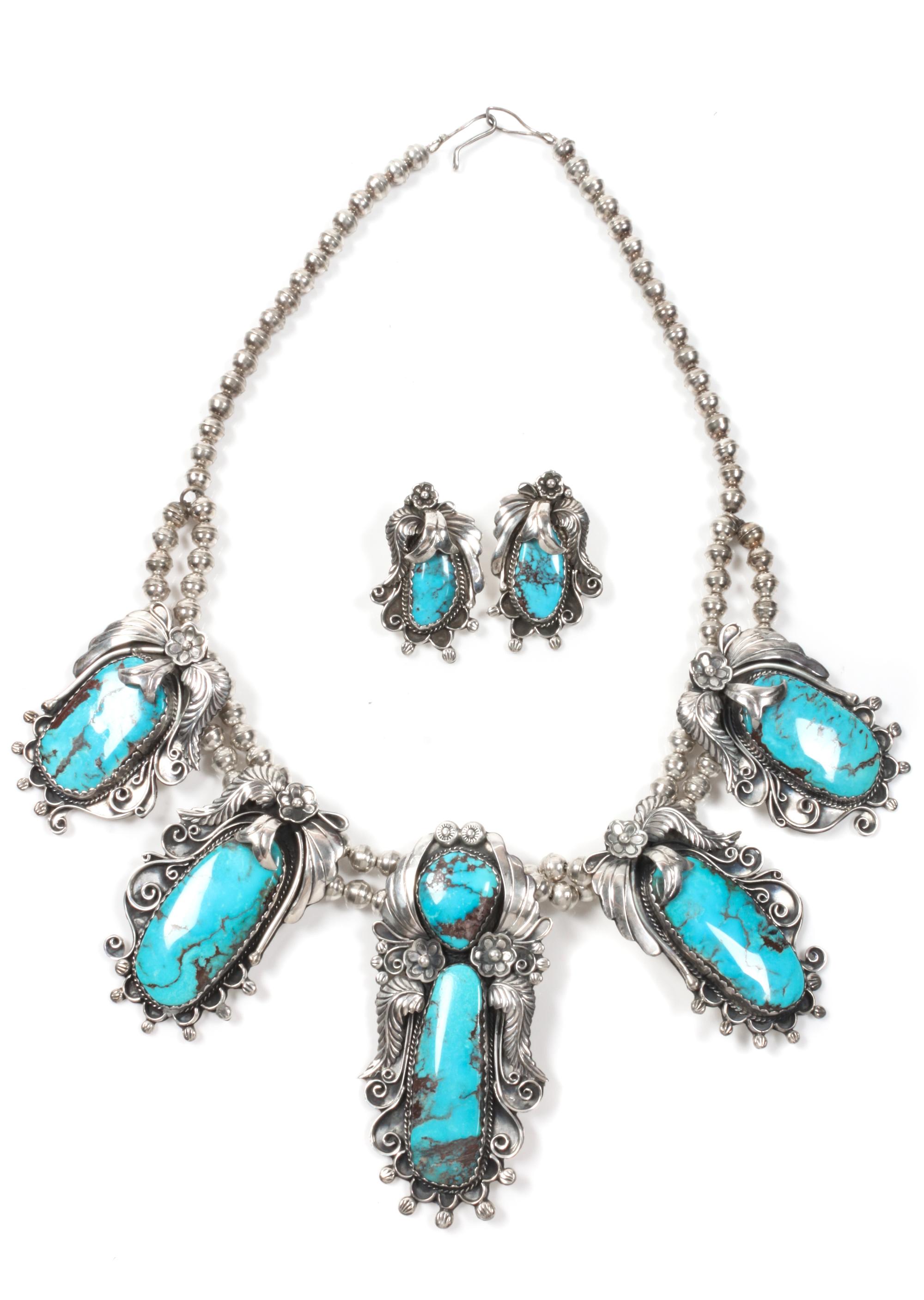 Navajo Four Piece Silver and Turquoise Jewelry Set Length of necklace 20 inches
