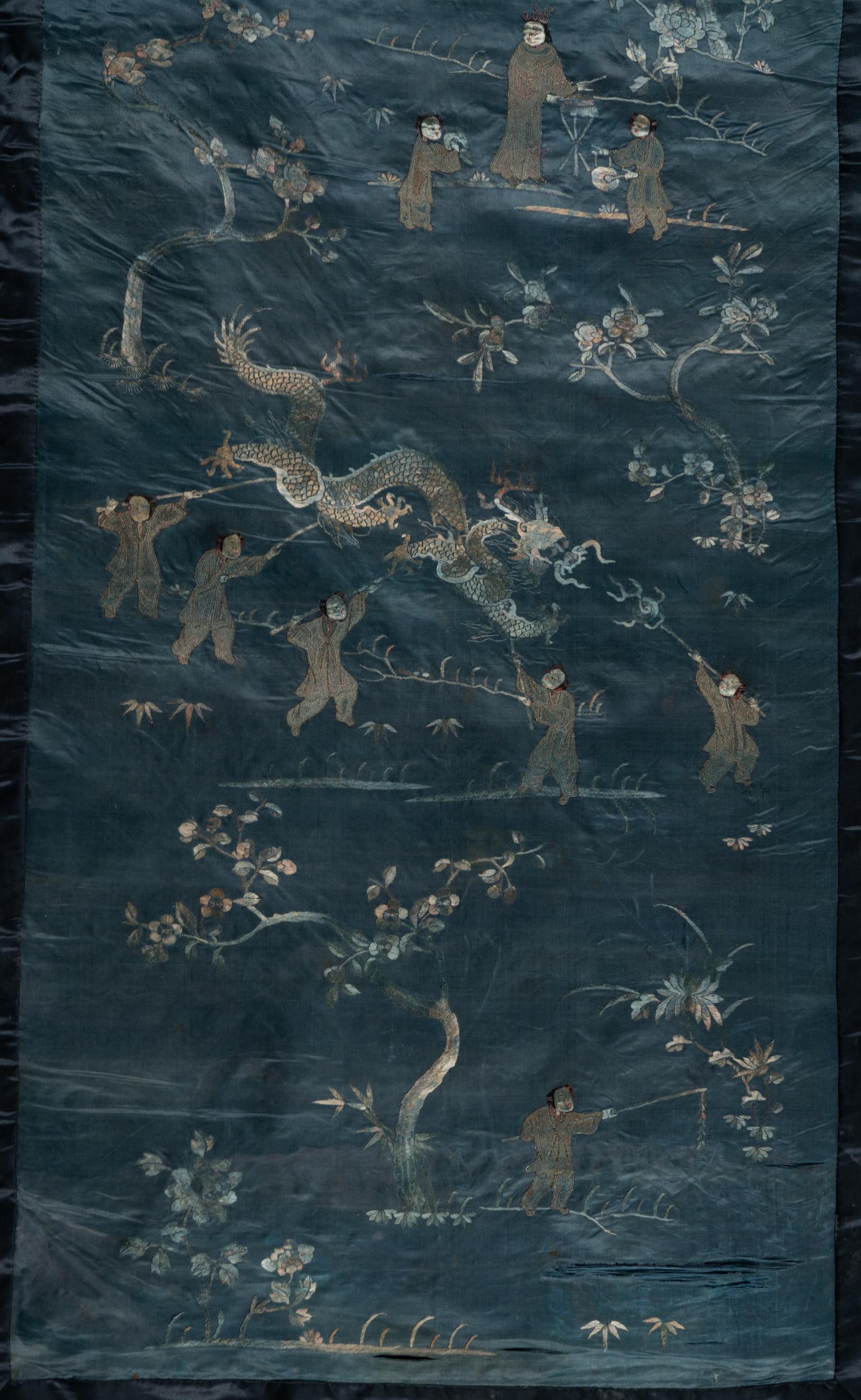 Two Chinese Blue Embroidered Silk Hanging Panels