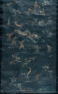 Two Chinese Blue Embroidered Silk Hanging Panels