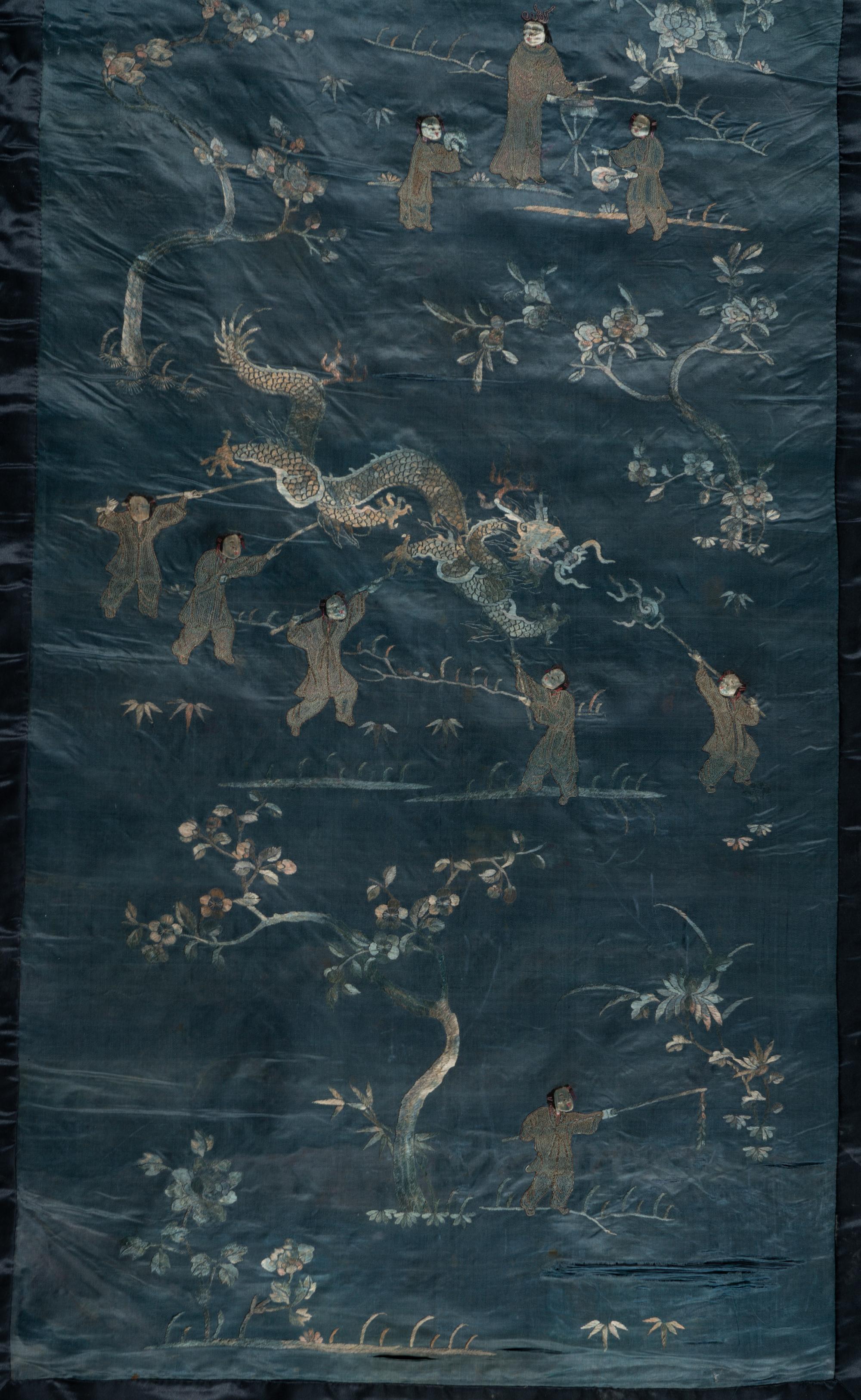 Two Chinese Blue Embroidered Silk Hanging Panels