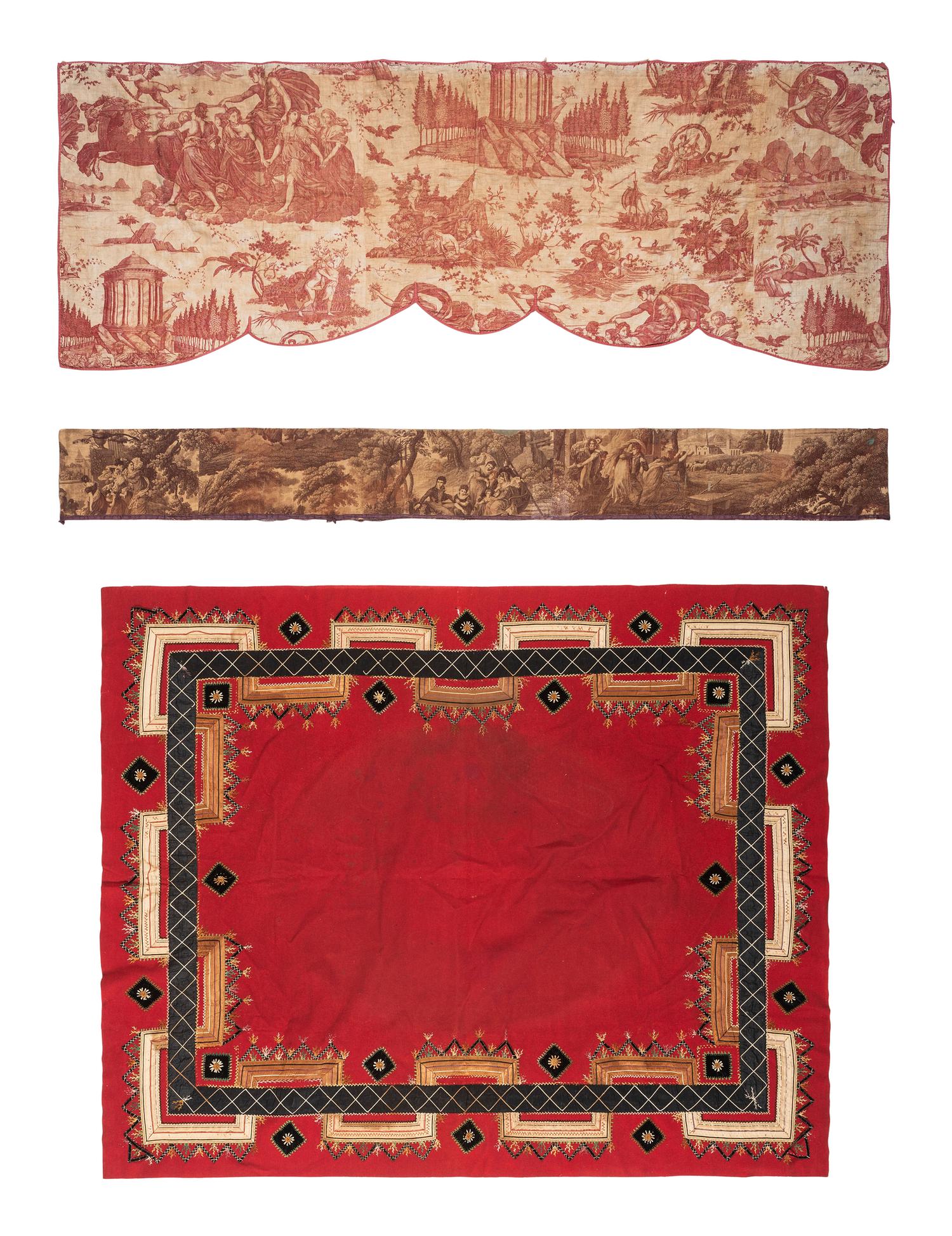 An English Felt and Silk Table Cover and Two Transfer-Printed Valances