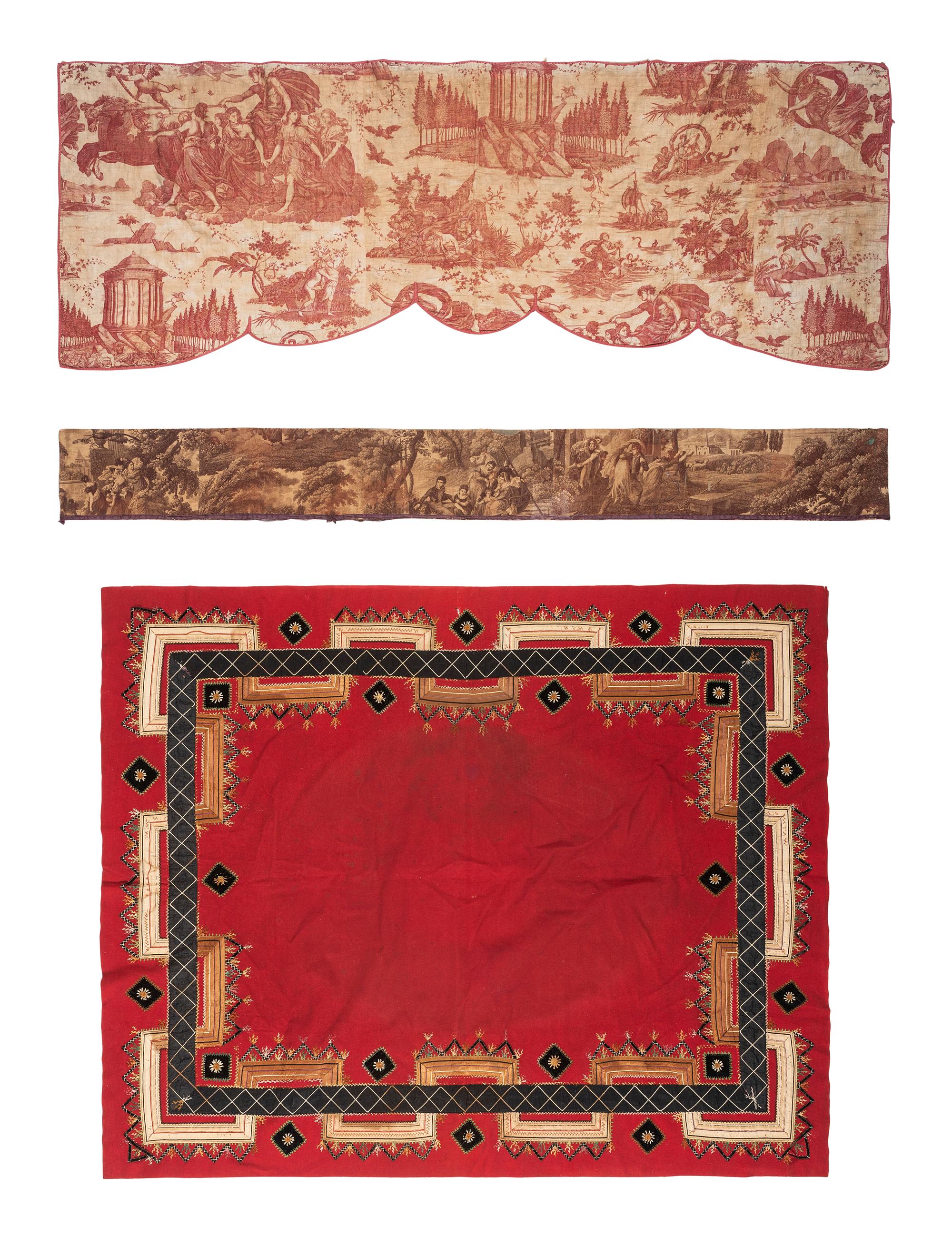 An English Felt and Silk Table Cover and Two Transfer-Printed Valances