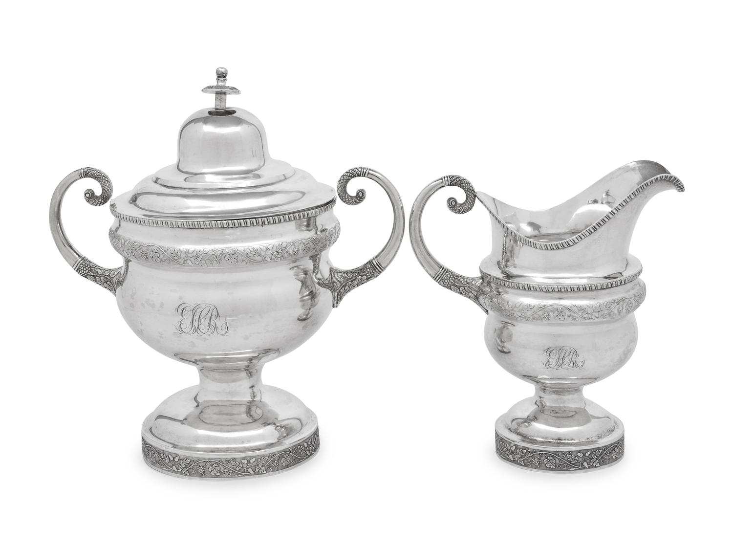 An American Silver Covered Sugar Bowl and Creamer