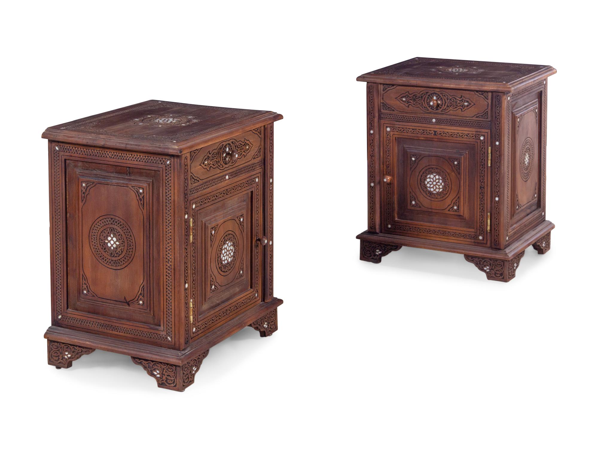 A Pair of Syrian Carved and Mother-of-Pearl Inlaid Walnut Night Tables